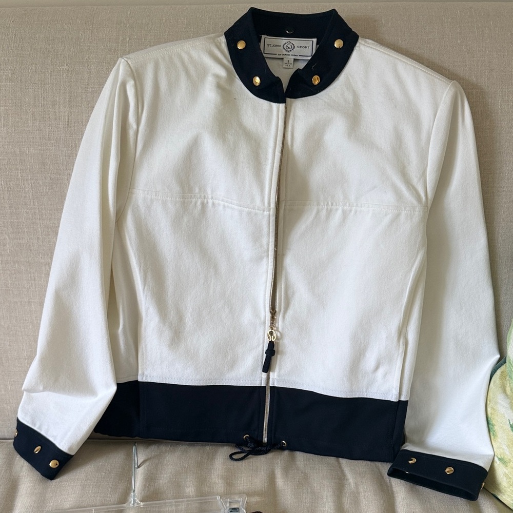 St. John Sport by Marie Gray White and Black Bomber Jacket